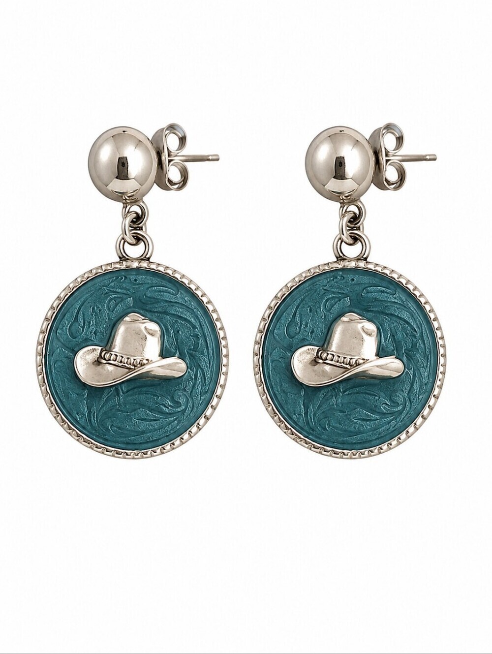 3/$30 Cowboy Core Teal Western Cowboy Hat Coin Dangle Post Earrings